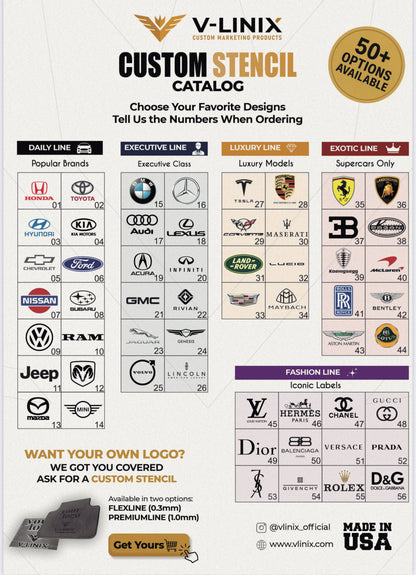 Compra 10 y llévate 12 – Kit de plantillas para logotipos de automóviles FLEXLINE (elige tus marcas).