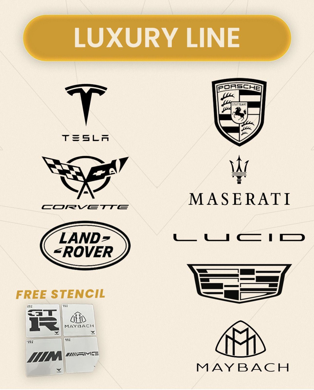 LUXURY LINE - 8 Luxury Models Car Brand Stencils 11x11in + FREE Bonus - VLINIX