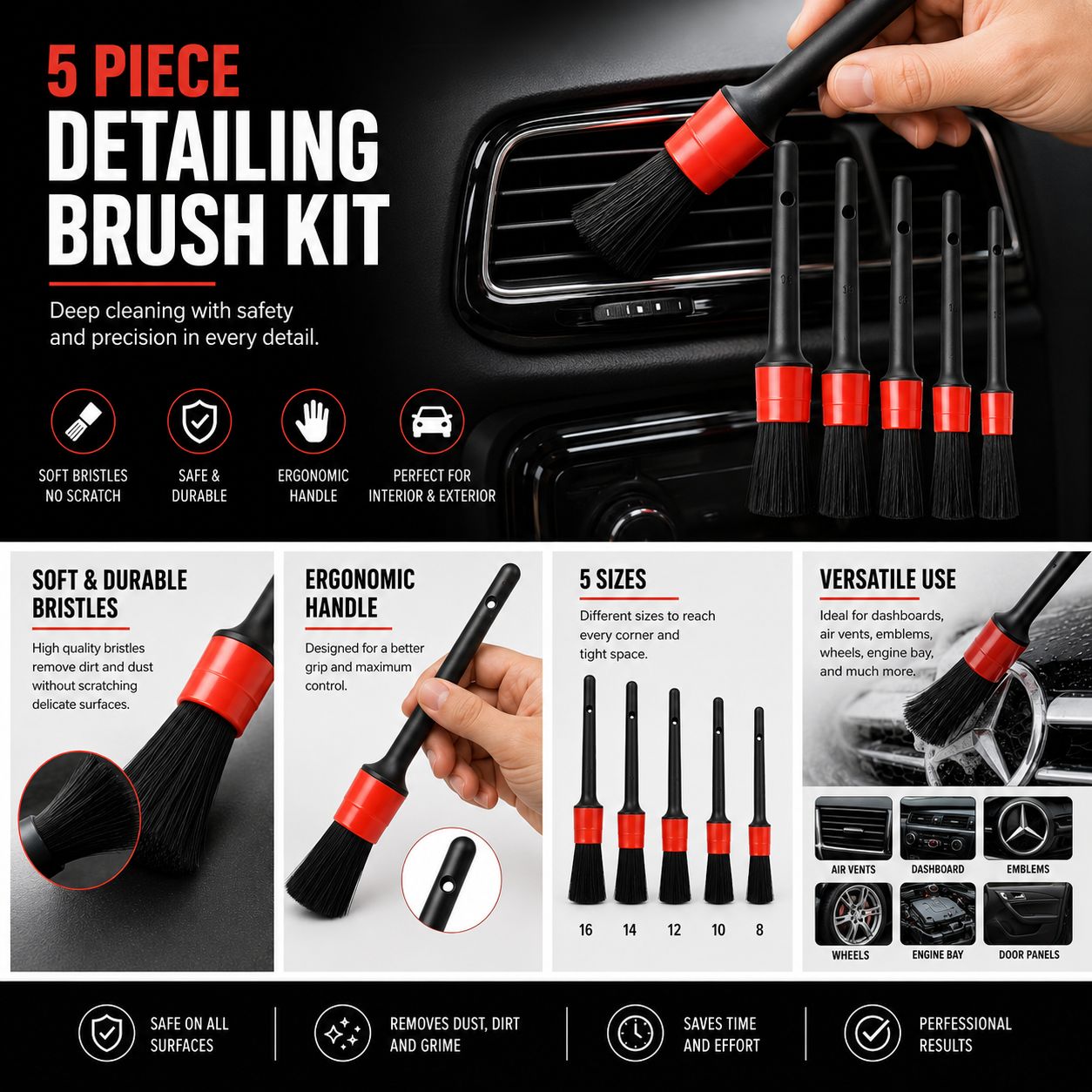 Professional Detailing Brush Set – 5 Ultra Soft Brushes for Interior & Exterior Cleaning