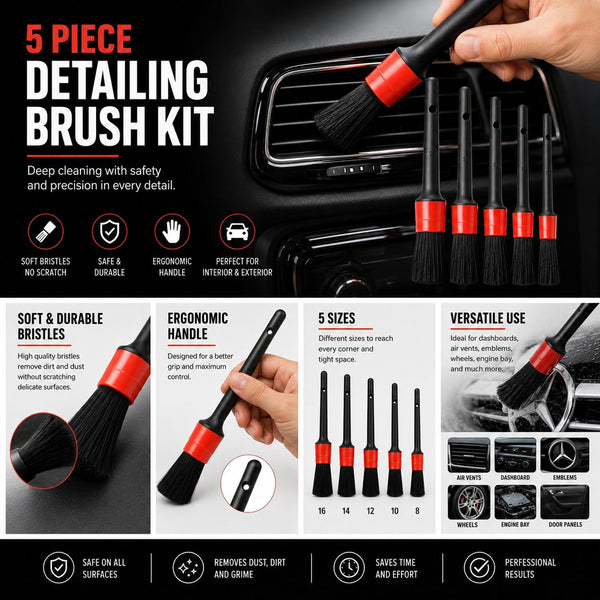 Professional Detailing Brush Set – 5 Ultra Soft Brushes for Interior & Exterior Cleaning