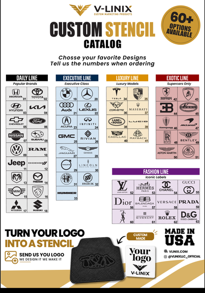 V-LINIX custom stencil catalogue, 63 car and fashion brands with their order numbers