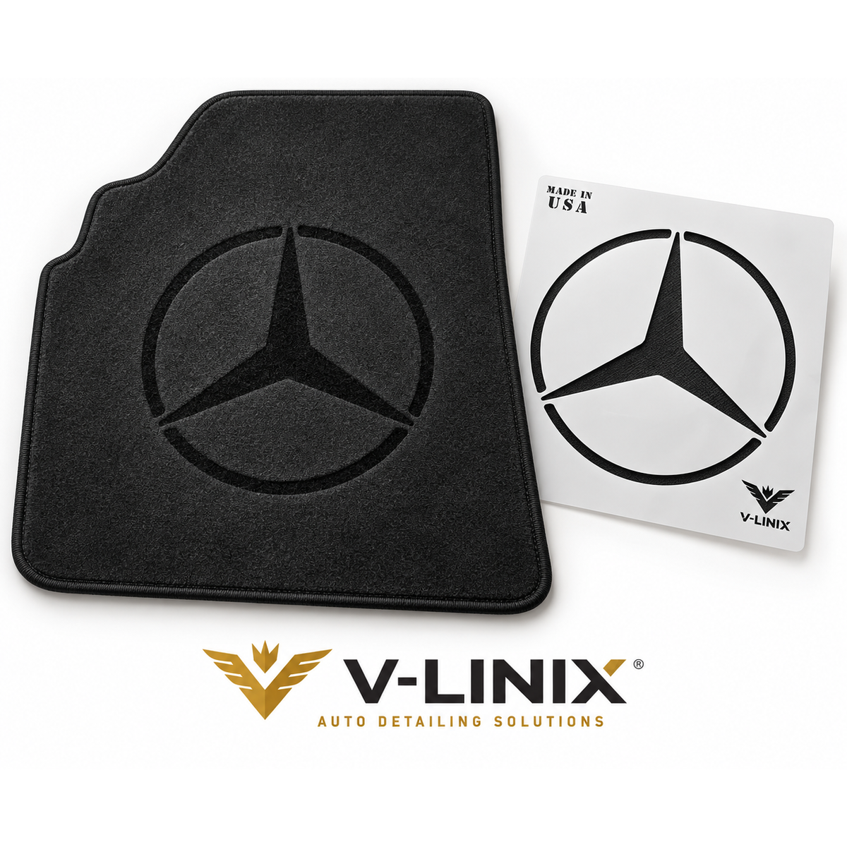 Car brand stencil on a car mat with the cut stencil, V-LINIX